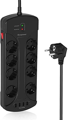 iEcopower 8 grenuttag överspänningsskydd med 4 USB-portar, 3680 W/16 A, 1050 Joule, väggmontering flera uttag överspänningsskydd med 1,5 m förlängningskabel svart