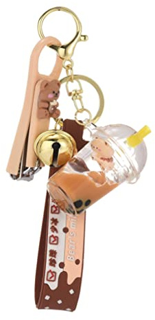 KUPOOL Acrylic Into Oil Floating Pearl Milk Tea Bear Keychain - Cartoon Creative with Lid Milk Tea Cup - Cute Floating Bear Key Ring - Couple Keychain - Suitable for Keys to Prevent Loss