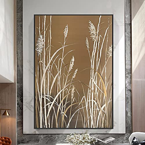 Acrylbilder,Moderne Abstrakte Braune Schilfblätter Pflanze Kunstwerk Rahmenlose Original Handgemalte Ölgemälde Auf Leinwand Wandkunst Für Wohnzimmer Schlafzimmer Büro Wohnkultur,80X120Cm(32X48I