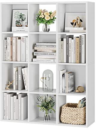 HOCSOK Würfelregal mit 12 Fächern, Bücherregal, Standregal Raumteiler, Freistehend Aktenhalter, für Kinderzimmer, Wohnzimmer, Arbeitszimmer, Büro, Weiß, 91 x 29 x 120cm