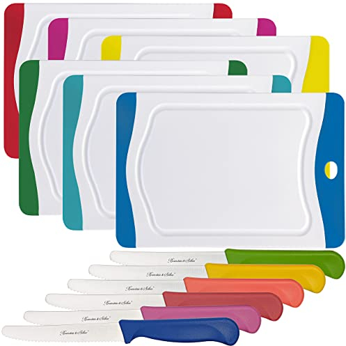 Rosenstein & Söhne Frühstücksbrett: 6er-Set Schneidebretter mit 6 Frühstücksmessern, bunt (Brettchen, Bretter, Küchenhelfer)