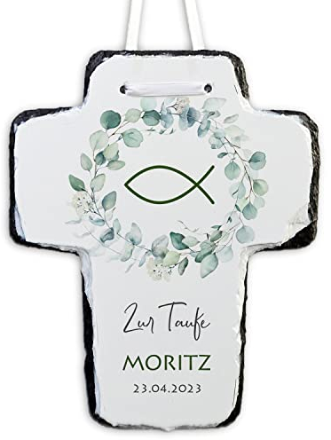 Feenstaub Taufkreuz, Schieferkreuz personalisierbar mit Namen, Datum, Erinnerung an die Taufe, Taufgeschenk, personalisiertes Kinderkreuz zum Aufhängen oder Aufstellen, Geschenk Taufe, Fisch