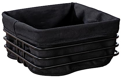 Cesta de pan Premium Mod. Square - Elegante cesta de metal con forro de algodón extraíble y lavable - 21 x 21 x 10,5 cm - Negro Serie Cocina Exterior