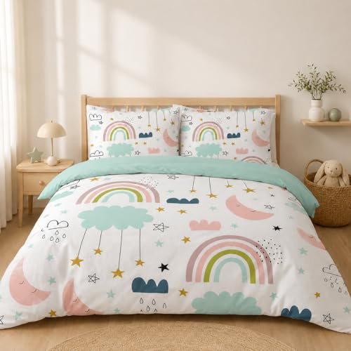 SYHIEGO Housse de Couette 140x200 Enfant Réversible Arc-en-Ciel Étoile Nuage Motif Parure de Lit 1 Personne Microfibre Literie avec Fermeture Eclair avec 2 Taies d'oreiller 65x65cm，Vert