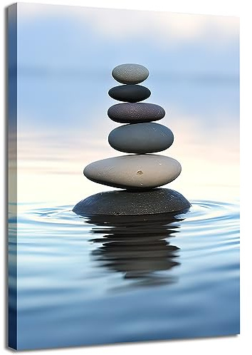 GLOKAKA Zen Stones Balance Canvas Wall Art Pebbles Stack in Calm Water Picture Print Artwork Poster for Yoga Meditation Room Bathroom Bedroom Decor-12 X18