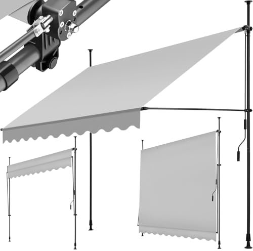 tectake Garden Patio Retractable Awning, Manual with Hand crank, Sun shade Canopy with UV and Rain Resistance, Clamp System with No Drilling Required - light grey