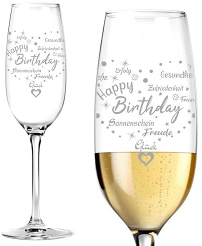 Graviertes personalisiertes Sektglas Happy Birthday als Geschenk zum Geburtstag mit lieben Worten in Herzform - Andere Gläser gravieren & personalisiert mit Gravur Namen in unserem Shop