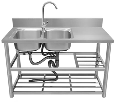 Multifunktions-Edelstahl Spültisch, gewerbliches Spülbecken mit Werkbank, Küchenspüle mit heißen und kalten Schläuchen, für Wäscherei, Garten, Garage, gewerbliches Restaurant (Color : Left slot)