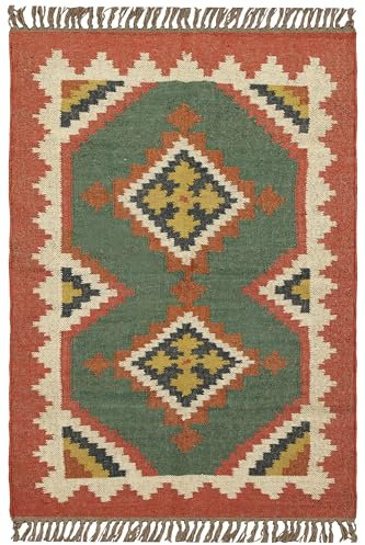CASAVANI Läufer – 6,6 x 56,9 cm, Kelim-Teppich, grün & braun, Wolle & geflochtener Jute-Teppich, für drinnen und draußen, Flachgewebe, für Zuhause und Foyer, Korridor, Flur & Treppenläufer