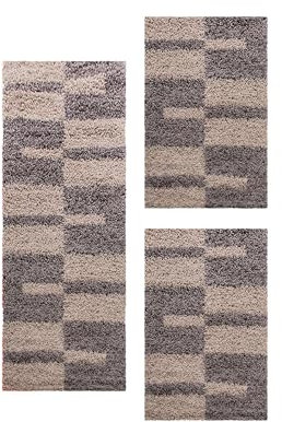 Carpetsale24 Bettumrandung Schlafzimmer 3 teilig Shaggy Hochflor Teppich Taupe Bettvorleger Schlafzimmer Bettset: 2 St. 100x200 cm | 1 St. 80x250 cm - Flauschiger Teppich Läufer Set Kariert Design
