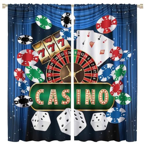 COALHO Poker-Turnier-Casino-Spiele-Vorhänge, abstraktes Roulette, bunte Chips, Pokerkarten, Druck, Fensterbehandlung, Verdunkelungsvorhänge, wärmeisoliert, Stangentaschen-Vorhang, 2 Paneele, 114,3 x