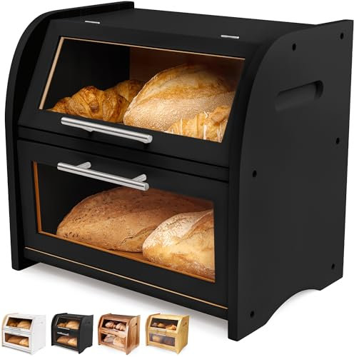 Arise Stylish Bread Bin for Kitchen Countertop, Extra Large 2-Shelf Wooden Bread Box with Clear Windows and Air Vents Keeps Bread, Bagels and Rolls Fresh. 40 x 26.4 x 36.5, Self Assembly