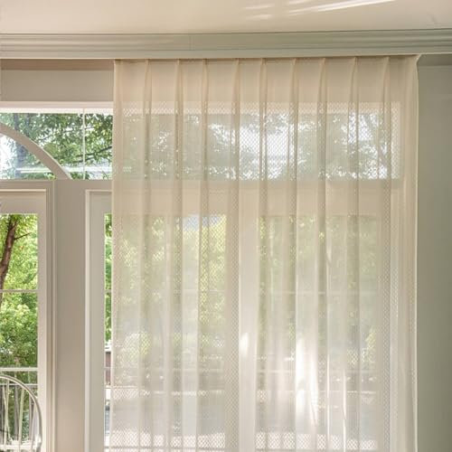 Gardinen für Schienensystem, Vorhänge Beige 2er Set Haken Jacquard mit Gestreift Motiv Japanisch 132x214CM Gardinenschals Polyester Halbtransparent für Wohnzimmer Schlafzimmer Küche