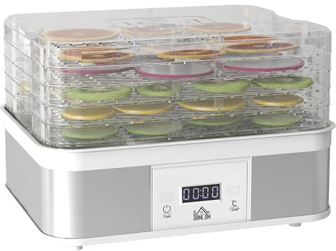 HOMCOM 5 Tier Food Dehydrator, 245W Stainless Steel Food Dryer Machine with Adjustable Temperature, Timer and LCD Display for Drying Fruit, Meat, Vegetable, Jerky and Pet Treat, White