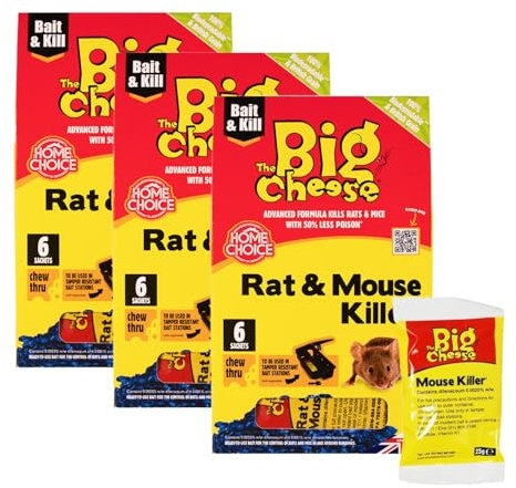 The Big Cheese Rat Poisoning Sachets - 3 Pack, 18 Total x 25g - Kills Mice and Rats, Indoor & Outdoor Use Bait Packet, Safe To Handle - Rat Killer For Mouse Traps - Super Strength Rat Poisoning