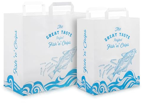 We Can Source It Ltd – Large Printed Paper Fish and Chip Bags with Internal Handles – Heat and Grease Resistant Takeaway Bags for Chips and Fried Meals – Durable & Easy to Carry - Pack of 250
