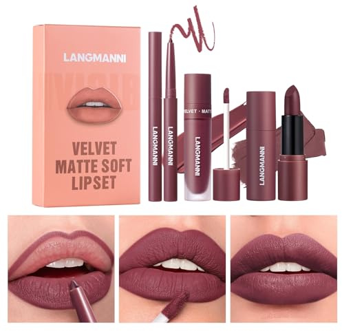Coffret de 3 rouges à lèvres liquides mats et crayons à lèvres - Kit tout-en-un pour les lèvres, gloss nude velouté, rouge à lèvres et crayon à lèvres, maquillage waterproof (# 06)