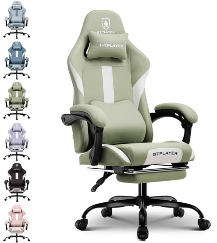 GTPLAYER Gamingstol, spelstol, andningsbar kontorsstol i tyg av hög kvalitet, ergonomisk PC-stol, justerbar och svängbar kontorsstol med fotstöd, Grön