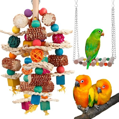 CNYMANY 2 pièces Jouets pour Perroquets, Épis de maïs Naturel Jouets à mâcher pour Oiseaux et Jouet à Bascule pour Oiseaux, Accessoires pour Cages à Oiseaux pour calopsittes perroquets Gris d'Afrique