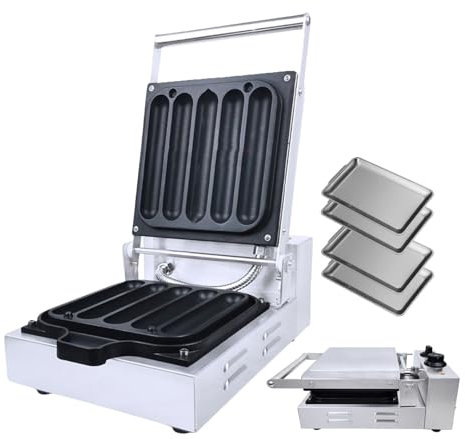 forplubossmmp Commercial 5 Grids Chicken Roll Machine w/4 Dish Plate, Hot Dog Waffle Maker Non-Stick Baking Tray, Corn Dog Waffle Iron Baking Tray 173 * 32(mm), Stainless Steel for Easy Cleaning