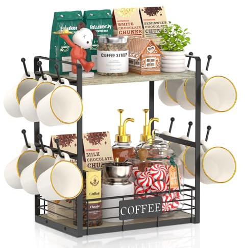 EsLuker.ly 2 Tier Coffee Bar Organizer Countertop Station Rack for Kitchen, Multi-Functional Coffee Mug Holder Display Stand, Accessory Storage Shelf with 12 Hooks, Grey Oak-Black