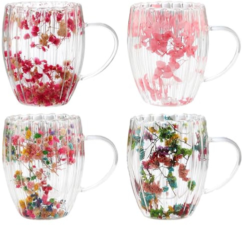 4PCS Dried Flowers Double Walled Coffee Glasses Mugs, 300ml Cute Glass Tea Cups with Handles, Insulated Heat Resistant Cappuccino Latte Macchiato Glasses Cups for Coffee Tea Milk Juice Ice Cream