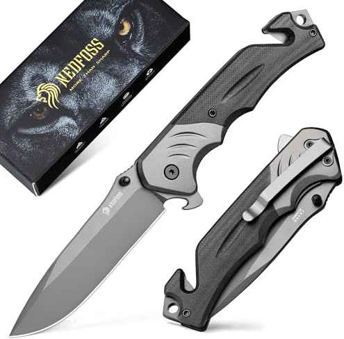NedFoss FA49N Rettungsmesser, Klappmesser mit Gurtschneider & Glasbrecher | 8,7cm Einhandmesser mit Gürtelclip & Flaschenöffner, Taschenmesserfür Auto, Survival Rescue messer Outdoor