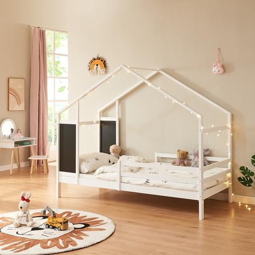 [en.casa] Kinderbett Lorenskog 90 x 200 cm Weiß Hausbett Jugendbett in Hausoptik Bettenhaus Spielbett mit Rausfallschutz