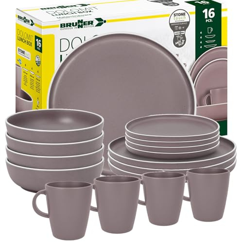 BRUNNER Melamin Geschirr-Set Camping 16-Teilig DOLOMIT Lunch Box Stapelbar | Antislip (Antirutsch), 2-4 Personen, wie Steingut (StoneTouch), Bruchfest, Teller & Kaffe-Becher, Wohnmobil Wohnwagen Boot