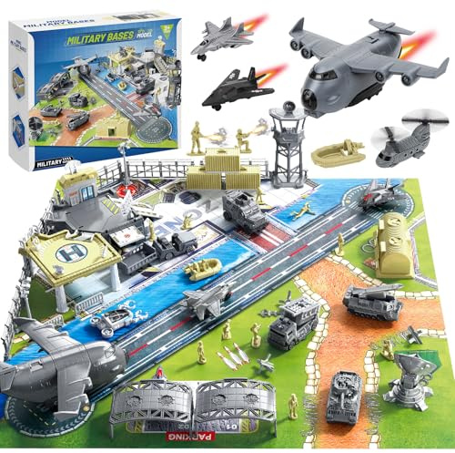 deAO Militär Basis Spielzeug Set, Army Men Playset mit Militärfahrzeug, Waffenzubehör, Parkplatz, Flugzeug, Fahrzeugzubehör und Spielkarte, tolles Armeespielzeug für Kinder 3, 4 und 5 Jahren