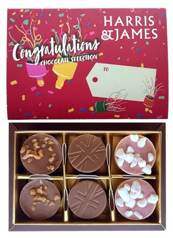 HARRIS & JAMES - Congratulations Gift Box (6 Pack) Filled With Milk and White chocolate Truffles. Handcrafted Chocolate In Three Flavours Eton Mess, Salted Caramel & Biscuit Royal.