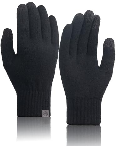TRENDOUX Guanti Caldi Neve in Pura Lana Merino, Guanti Touchscreen Uomo Donna Lavorati a Maglia, Polsini Morbidi ed Elastici per Guida Trekking Running Sci Bici Sportivi - Nero M
