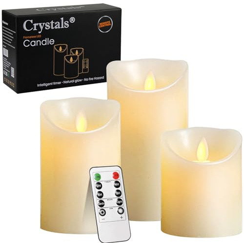 Crystals Flameless LED Candles with Remote & Timer – Real Wax Flickering Pillar Candles (Set of 3, 4 5 6) – Battery Operated, Safe & Long-Lasting Mood Lighting