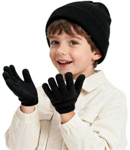 YAUOIPI Kids Winter Beanie Hat Gloves Set, Knit Warm Winter Beanie Hat Girls Boys, Classic Plain Stretchy Thermal Lined Warm Knitted Accessories Sets for Children Boys Girls 3-8 Years (Black)