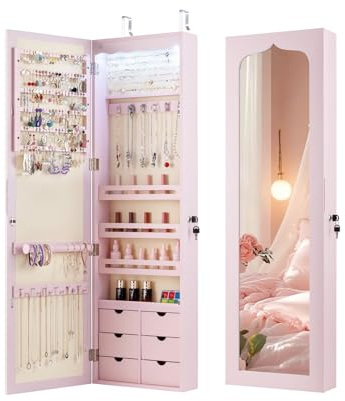 RELAX4LIFE Schmuckschrank mit automatischen LEDs, Schmuckregal mit 6 Schubladen & 3 Lagerregalen & Spiegel, Schmuckorganizer für Ohrringe Armband Kette Ringe Kosmetik, Tür- & Wandmontage (Rosa)