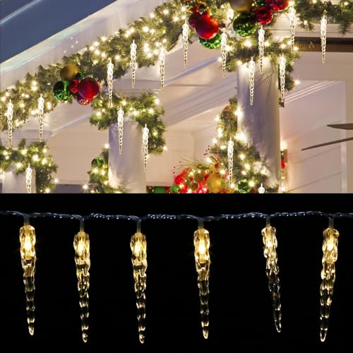 Ollewiellan LED Eiszapfen Eiszapfenkette Lichterkette Außen 40 LED 5m IP44 für Party Garten Weihnachten Hochzeit Beleuchtung Deko, 5m Stromkabel (insgesamt 10 m lang), Warmweiß