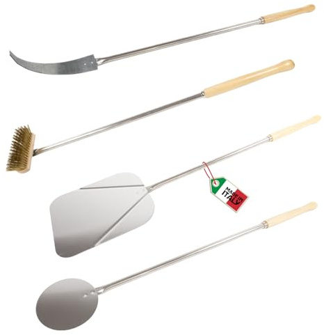 MOHOME Kit Pale per Pizza Forno a Legna Elettrico Set 4 Pale Alluminio Made in Italy Rotonda Rettangolare Spazzola Spargibrace Manico in Legno Faggio Accessori Forno Casa Ristorante