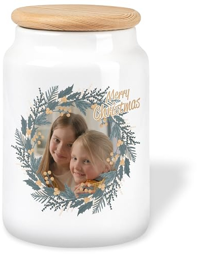 True Statements Personalisierbare Weihnachts Keksdose – Keramikdose 650 ml mit Holzdeckel – Foto-Aufdruck & Motiv „Merry Christmas“ – luftdichte Vorratsdose für Plätzchen & Süßigkeiten