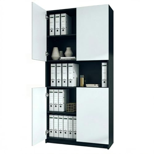 InnoFurn Aktenschrank Elona M2, Büroschrank mit Soft-Close & Push-to-Open, Aufbewahrungschrank, Büro, Home Office. Wohnzimer, Schwarz/Weiß matt (82 x 184 x 37 cm)