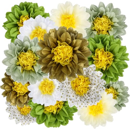 BestoFun 14er Set Papierblumen Waldgrün Salbeigrün Seidenpapier Pompons Deko Gold Weiß Dots Tissue Papier Pom Poms Blumen Hängende Girlande Dekoration für Hochzeit Gartenparty Geburtstag Party Deko