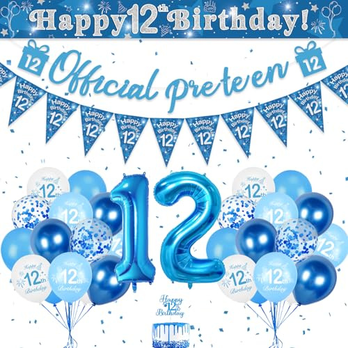 Luftballon 12. Geburtstag Blau, Geburtstagsdeko 12 Jahre Junge, 32 Zoll Luftballons Zahlen 12, Blau Ballon Deko Happy Birthday Banner Kindergeburtstag Deko