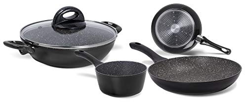 Aeternum Essential Set Batteria di Padelle e Pentole 5 pezzi, Adatto all'induzione, Alluminio, Black