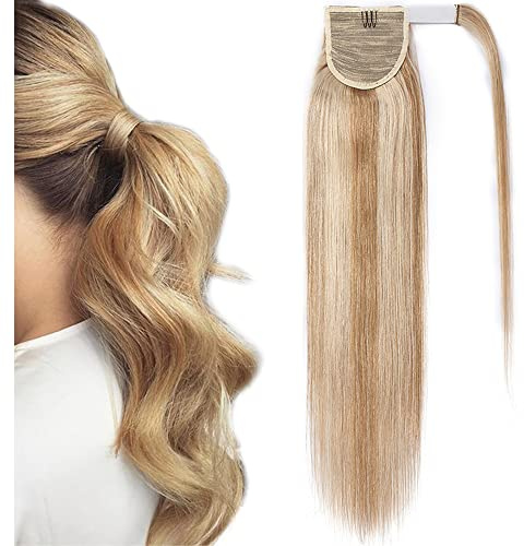 SEGO Hästsvans äkta hår remy human hårdel fläta extensions ponytail hårförlängningsklämma i ponny honungsblond/ljusblond 45 cm – 80 g