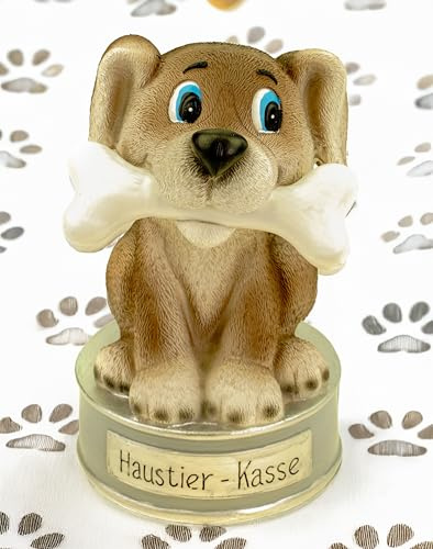Kremers Schatzkiste Spardose Hund Haustierkasse 17 x 11x9cm Niedliche Sparbüchse für Tierarztkosten und Leckerlis, Polyresin, Handbemalt, Geschenkidee für Tierfreunde, mit Drehverschluss