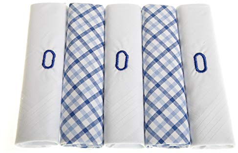Surf the Shop 5 Stück Herren Taschentücher mit Initiale bestickt weiß mit Satinborte und blau kariertem Handkies, verschiedene Buchstaben, O, 5 Pack