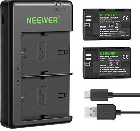 NEEWER Ersatzakku und Ladegerät Set für LP-E6NH, kompatibel mit Canon EOS R7, R5, R6, 5D II, 6D, 7D, 70D, 80D, 90D, 2er Pack 2250mAh Akkus und Dual Kanal USB Ladegerät