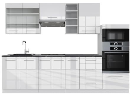 Vicco Küchenzeile Fame-Line, Weiß Hochglanz/Weiß, 280 cm | 9 Module · Höhenverstellbare Füße · Ohne Arbeitsplatte · MDF-Fronten · Softclose · Metallgriffe
