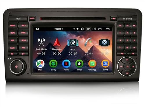 Erisin 7 Pulgadas 8-Core 4GB+64GB Android 14 Radio Coche Bluetooth Navegador GPS para Mercedes Benz Clase ML W164 Clase GL X164 CarPlay Android Auto DSP WiFi RDS USB Control en el Volante OBD2 CD DVD