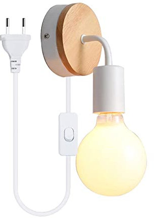 Lámpara de Pared Ajustable ángulo Moderno E27 Apliques pared Minimalista de Interior de Madera metal con Interruptor y Enchufe Europeo Focos para Comedor Dormitorio pasillo Cabecera Sala (blanco)
