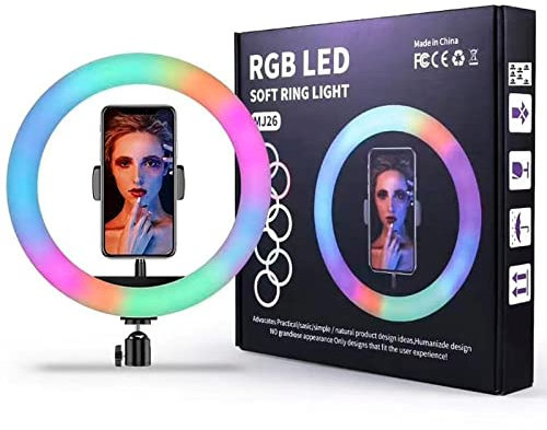 RevolutionLine - Aro de luz Led de 9 Colores de 26 cm de diámetro | Ideal para móvil TIK Tok | Control Remoto | Anillo de luz RGB de 10 Pulgadas Compuesto por 150 Bombillas LED y ABS